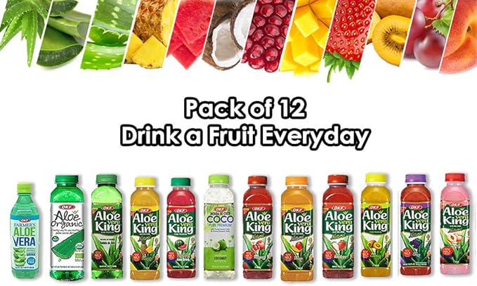 OKF Aloe Vera King Drink – Flavor includes Coco Original Grape Mango Pineapple Watermelon Pomegranate Gold Kiwi Peach Strawberry and Sugar Free Aloe Vera Juice (12 Flavors) (Pack of 12)