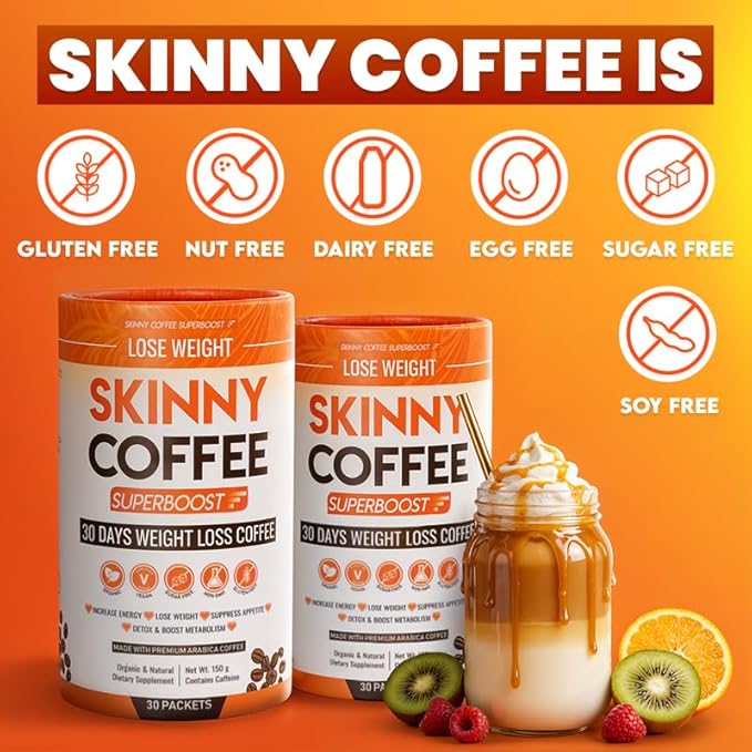 Skinny Coffee Super Boost Weight Loss Coffee Belly Fat Burner for Women &amp Men Sugar-Free Keto Vegan Reduces Bloating Supports Energy &amp Metabolism Appetite &amp Cravings Control (30 Servi