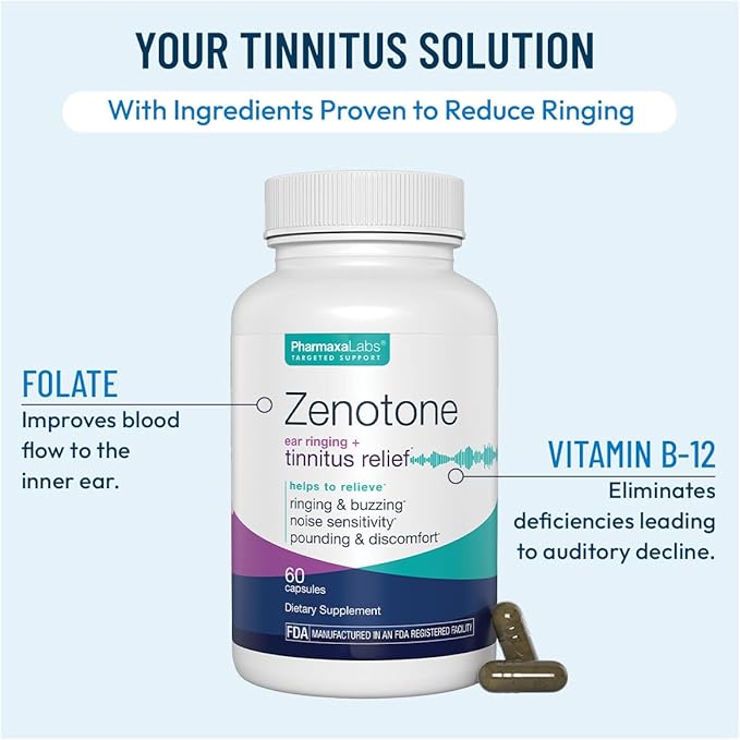 Tinnitus Relief Supplement - Auditory &amp Ear Health Support - Promotes Clear Sound - Aids in Reducing Ringing - Juniper &amp Hawthorn Berry Garlic Hibiscus Vitamin C B-3 6 &amp 12 (60 Capsule