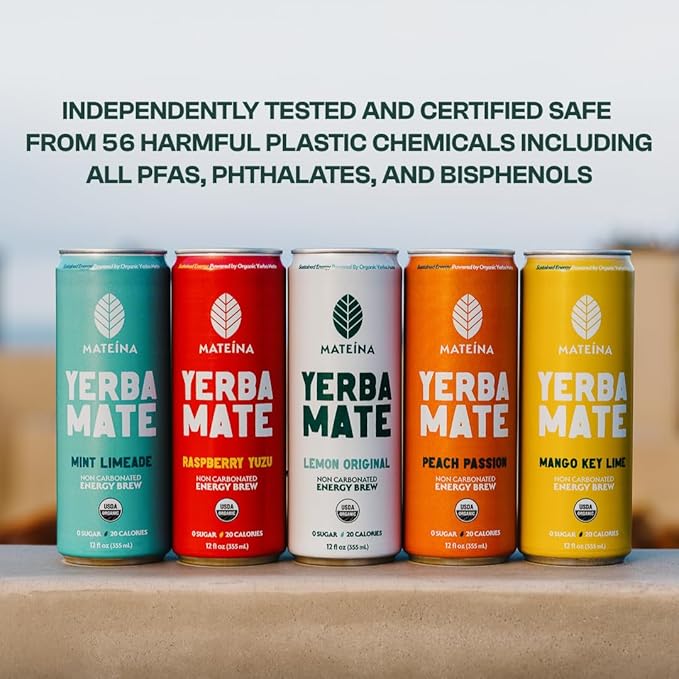 Mateina Yerba Mate Zero Sugar Energy Drink – 120mg Natural Caffeine – Organic Non-GMO Non-Carbonated – Dr. Andrew Huberman Recommended – (12 fl oz Cans 12 Pack) Peach Passion
