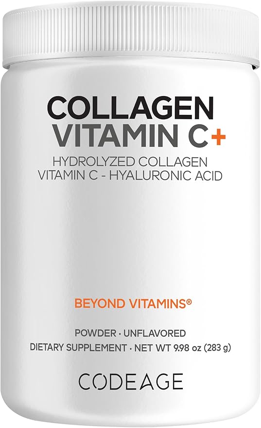 Codeage Collagen Peptides Powder + Vitamin C - 20g Grass-Fed Collagen Per Serving - Digestive Enzymes Hyaluronic Acid 18 Amino Acids - Hydrolyzed Collagen Protein - Non-GMO Unflavored - 9.98 oz