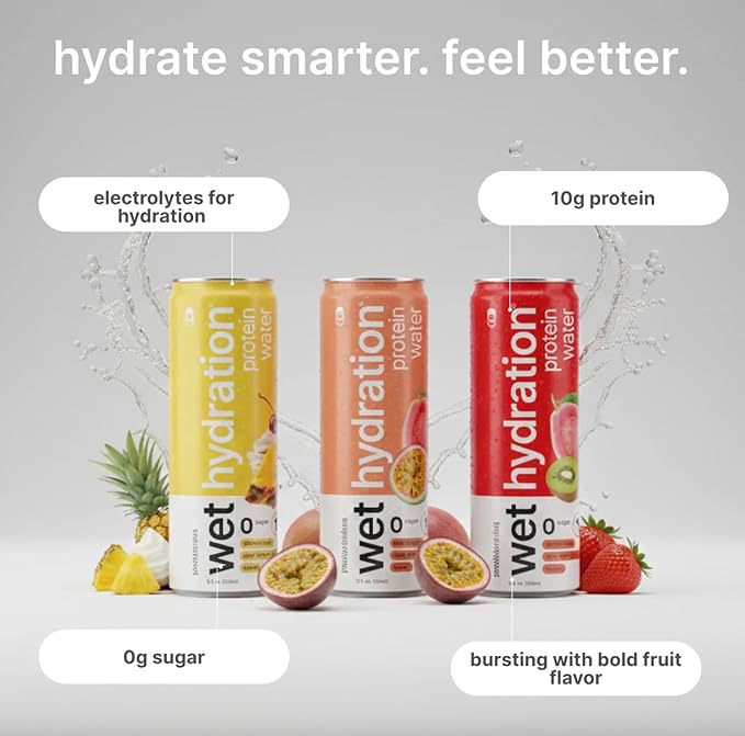 Wet Hydration Protein Water Variety Pack | Functional Electrolyte Drink with Clear Whey Protein &amp BCAAs - Passion Guava Pineapple Whip Kiwi Strawberry (12 fl. oz. Cans Pack of 12) | Zero Sugar