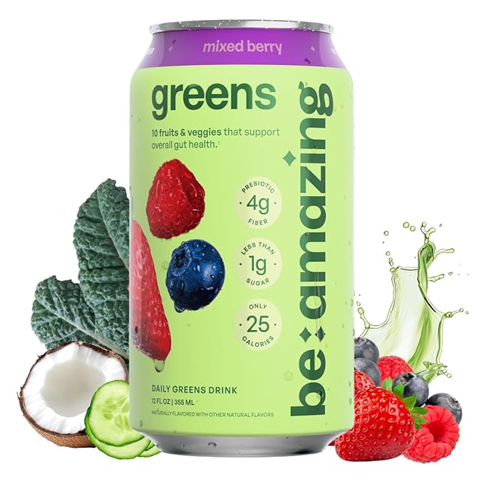 Be Amazing Greens Drink Mixed Berry Vitamin Drinks With 10 Organic Fruits and Vegetables Coconut Water Vitamin C and Prebiotic Fiber 25 Calories Low Sugar Vegan and Gluten Free 8 Pack