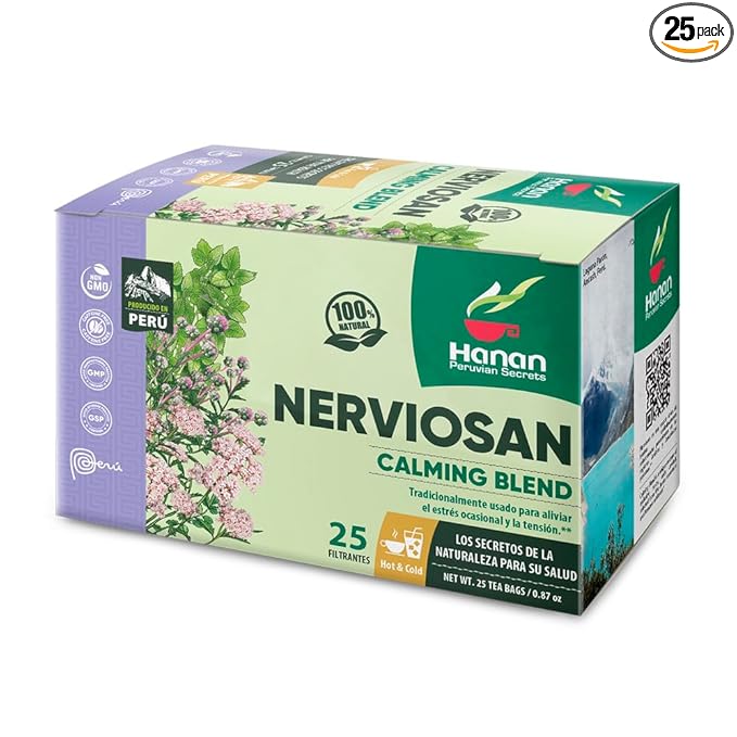 Hanan Peruvian Secrets Nerviosan Herbal Tea | 100% Natural Calming Blend | 25 Tea Bags | Naturally Aids in Relieving Occasional Stress and Tension | Safely Promotes Relaxation