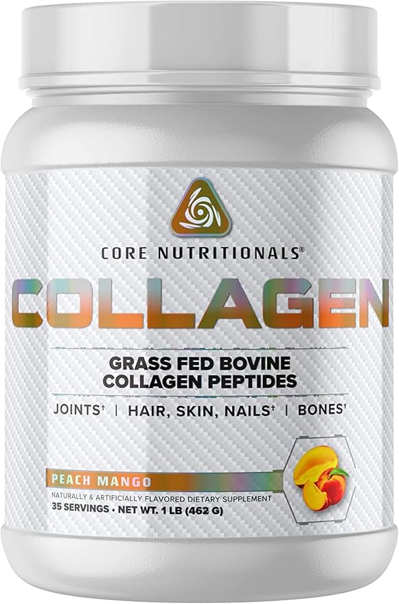 Core Nutritionals Hydrolyzed Collagen Peptides | Type I &amp III from Grass Fed Bovine | Hair Skin &amp Nails | Bone &amp Joint Support | 1 Pound (Peach Mango)
