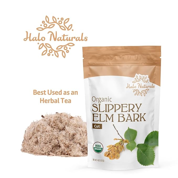Halo Naturals Organic Slippery Elm Bark Cut 4 Ounces (Ulmus rubra) USDA Certified | Resealable Pouch| Packaged in The USA (Pack of 1)