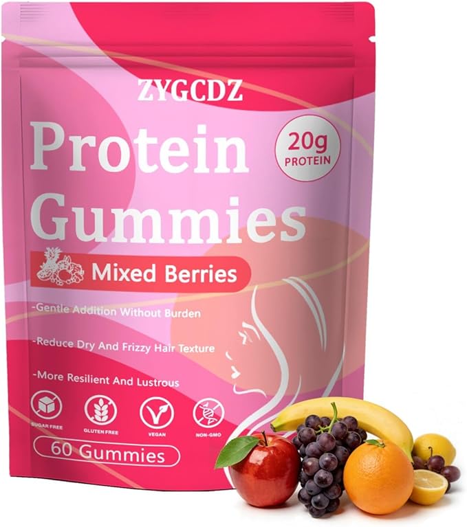 Protein Gummies for Women &amp Men 20g Protein per Serving Zero Sugar Vegan Supports Hair Skin Nails Health with Collagen Energy Boosting Supplement Mixed Berries Flavor 60 Gummies (1) (1)
