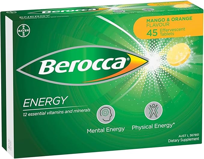 Berocca Energy Vitamin B &amp C Mango &amp Orange Flavour Effervescent Tablets 45 Count