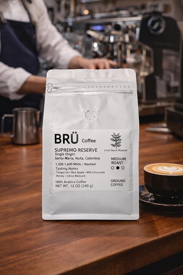 BRÜ Coffee Colombian Ground Coffee - Medium Roast - Single Origin – Huila High Elevation – 100% Arabica – Washed