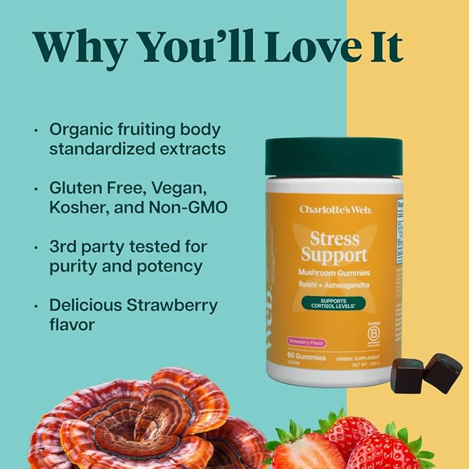 Charlotte's Web Stress Support Mushroom Gummies w/Reishi Ashwagandha Rhodiola Rosea Supplement — Natural Supplement — Strawberry-Flavored Ashwagandha Gummies (30 Servings)