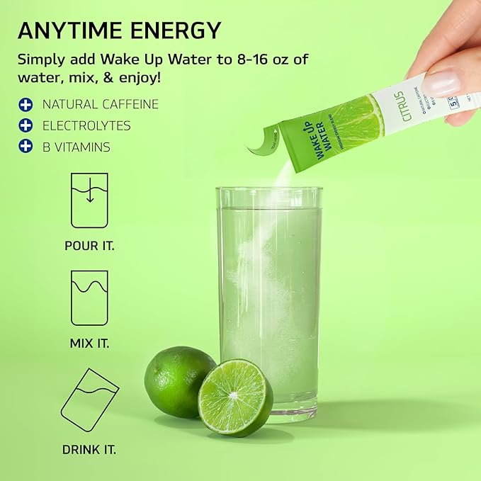 Wake Up Water Energy Drink Mix Sugar Free Clean Energy Powder with Electrolytes &amp B Vitamins Natural Caffeine for Focus &amp Hydration (15 Pack) - Citrus