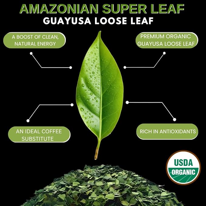 Amazonian Treasure Organic Guayusa Loose Leaf Tea 16 OZ (1LB) Smooth Energy Boost Alternative to Coffee &amp Yerba Mate 60 mg Caffeine per Serving.