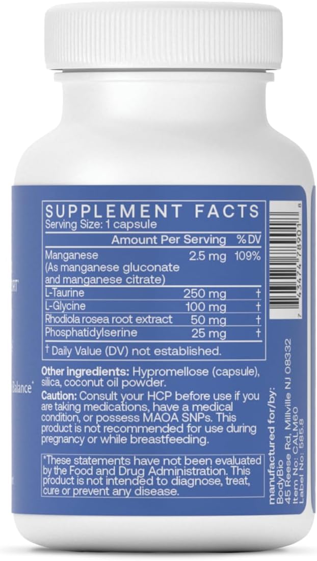 BodyBio Calm - Natural Stress Relief Blend with Rhodiola Glycine &amp Phosphatidylserine - Supports Relaxation Mental Focus &amp Balanced Cortisol - Non - Drowsy Formula