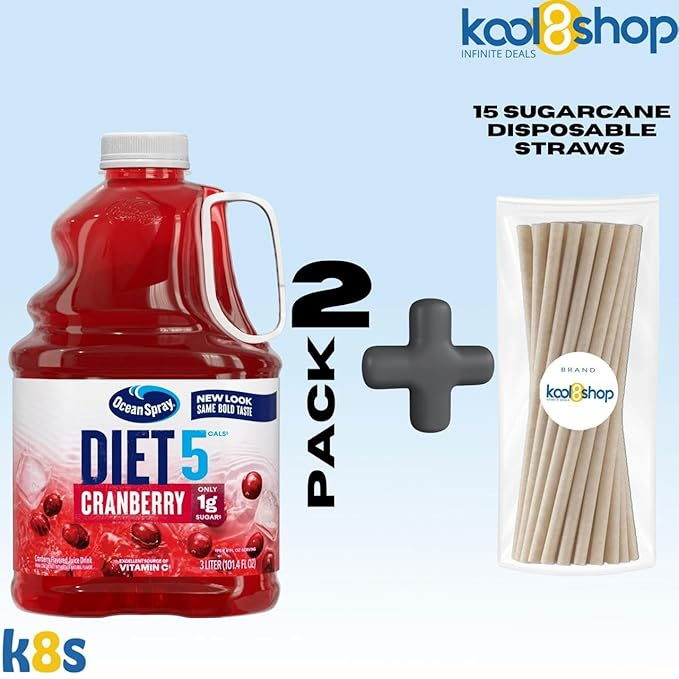 Ocean Spray Diet Cranberry Juice Drink 101.4 fl oz Plastic Bottles 2 Pack + 15 Sugarcane Disposable Straws by KOOL8SHOP Infinite Deals