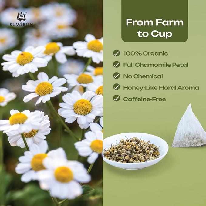 Suwirun Organic Chamomile Tea 25 Bags – 100% Chamomile Flowers – Naturally Caffeine-Free Supports Relaxation &amp Sleep – Smooth &amp Soothing Herbal Tea