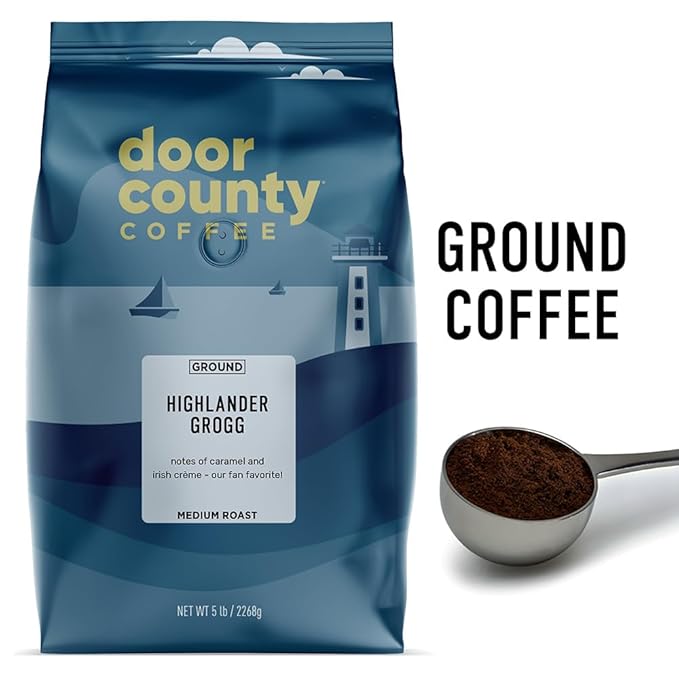 Door County Coffee Highlander Grogg Flavored Coffee Ground - 5 lb Bag - Flavored Ground Coffee Medium Roast - 100% Specialty Arabica - Gourmet - Irish Crème &amp Caramel