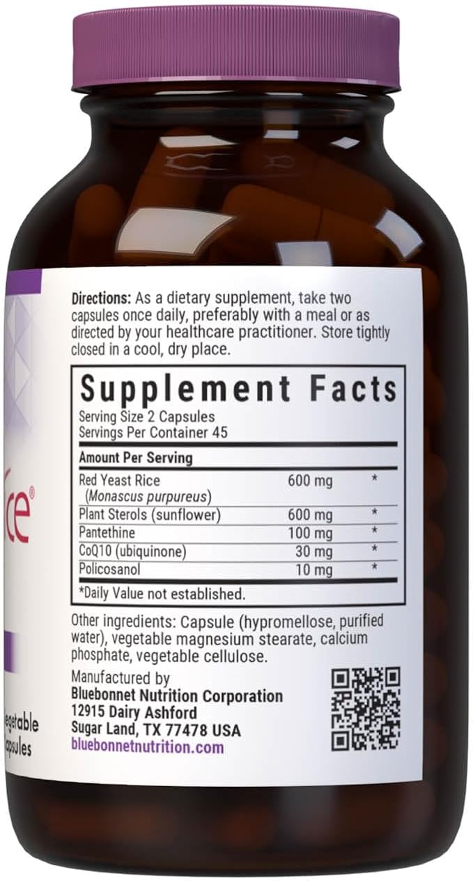 Bluebonnet Nutrition CholesteRice Vegetable Capsules Red Yeast Rice Plant Sterols Pantethine CoQ10 Policosanol Vegan Vegetarian Non GMO Gluten Free Milk Free SOY-FREE 90 Vegetable Capsules