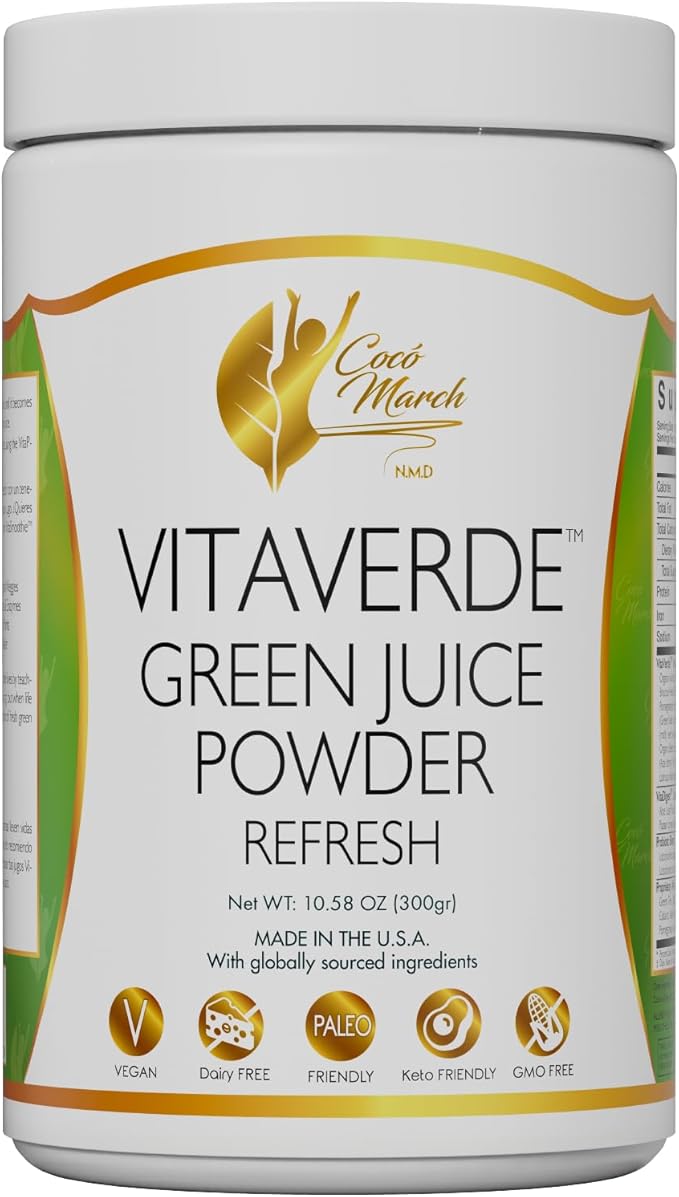 Cocó March N.M.D VitaVerde Green Juice Powder 50 Superfoods Enzymes &amp Probiotics- Refresh Flavor Organic - Vegan Paleo Friendly Dairy Free Keto Friendly GMO Free 10.58 oz 300 g