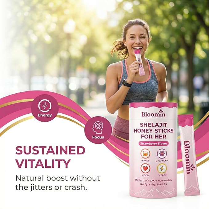 Bloomin Honey Sticks with Shilajit Shatavari &amp Saffron Strawberry Honey Supplement for Women Hormonal Balance Focus &amp Stamina Non-GMO 30 Sticks (Strawberry)