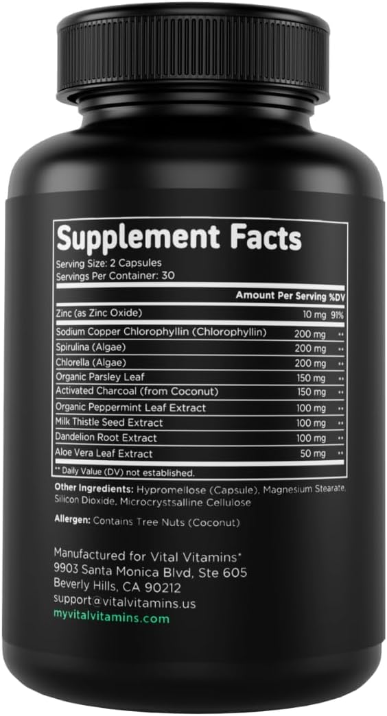 Vital Vitamins Chlorophyll Pills - Body Deodorizing Supplement - Made with Spirulina Chlorella Organic Parsley Mint &amp Activated Charcoal - Defeat Odor Naturally - for Women &amp Men - 60 Caps