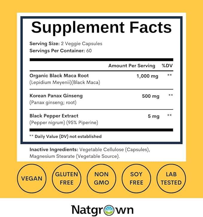 Natgrown Black Maca Root + Panax Ginseng Powder Capsules 1500 mg with Black Peruvian Maca Root &amp Korean Panax Ginseng Supplement for Men and Women - Vegan Pills (120 Count)