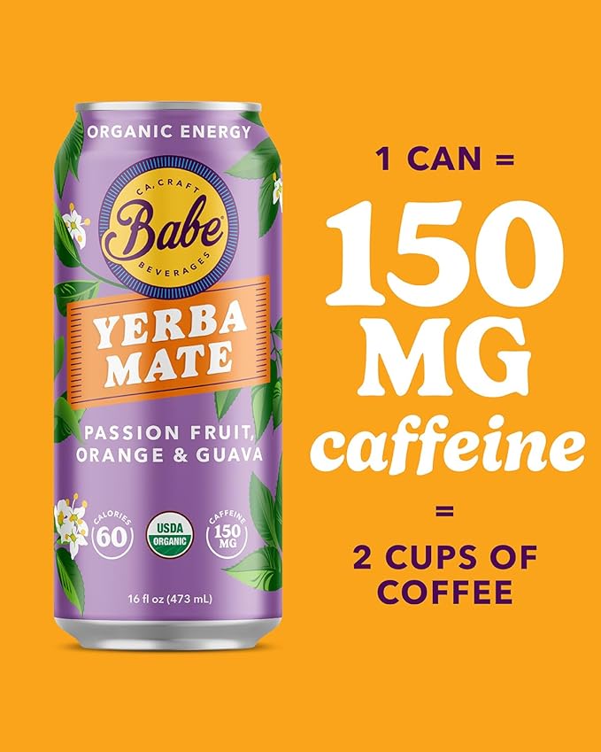 Babe Organic Yerba Mate Energy Drinks | Less Sugar with 150mg Plant-Based Caffeine | Natural Yerba Mate Tea with No Crash No Jitters - Passion Fruit Orange Guava (12 x 16oz Cans)