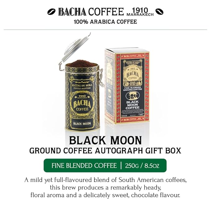 Bacha Coffee | Black Moon Fine Blended Coffee Autograph Collection 100% Arabica Specialty Coffee Ground Beans Medium Roast 250g &amp 100% Natural Unbleached Wood Fibre Paper Filters Large