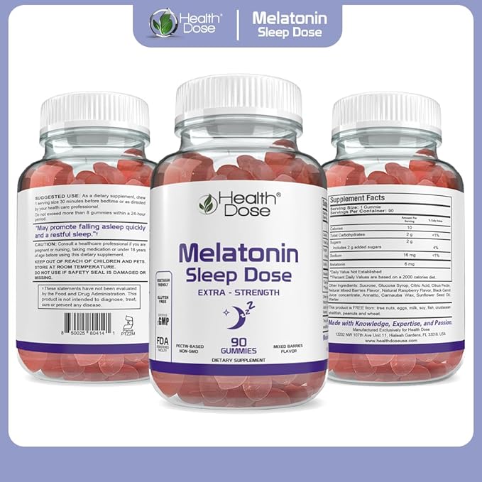 Health Dose Melatonin 6 mg Extra Strength Gummies Pre-Bedtime Supplement for Restful Sleep for Adults 90 Gummies Mixed Berries Pack of 3