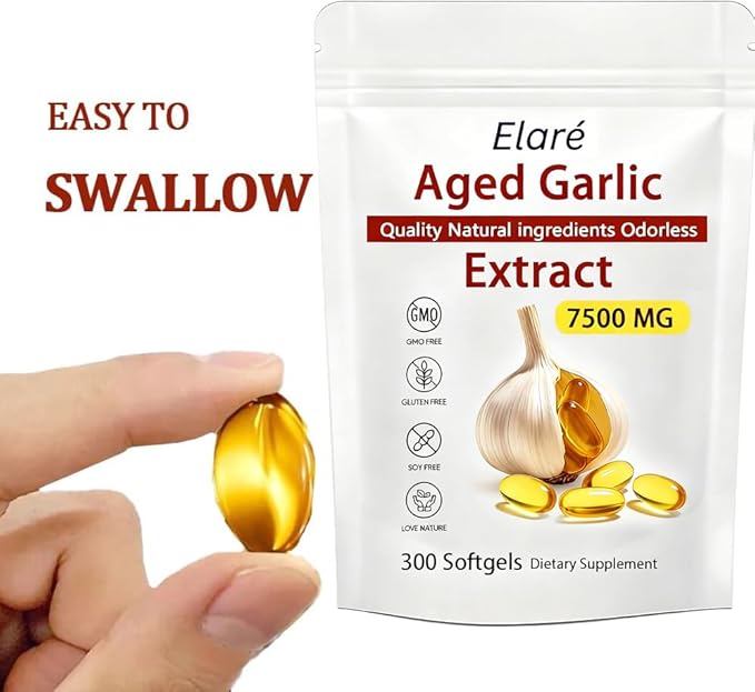 Elare Aged Garlic Extract - 7500mg Odorless Organic Garlic Extract Capsules | Heart &amp Immune Antioxidant Supplements Vegetarian All-Natural Non-GMO 300 Softgels