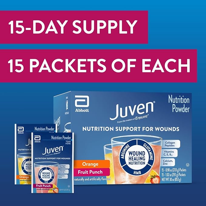 Juven Therapeutic Nutrition Drink Powder Including Collagen Peptides Amino Acids and HMB For Wound Healing Support Variety Pack: Orange &amp Fruit Punch 30 Packets