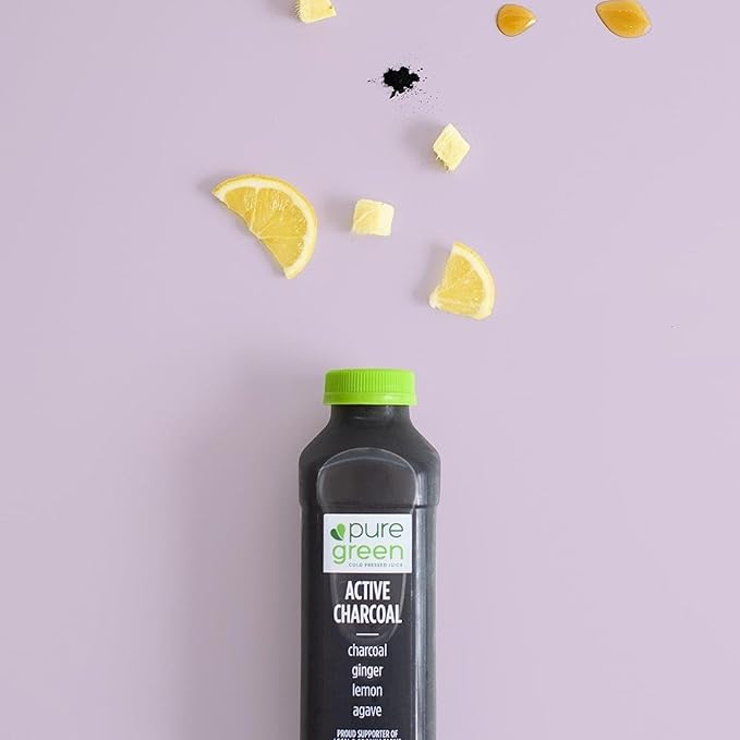 Pure Green Cold Pressed Juice - Active Charcoal - Fresh Functional Blend with Charcoal Ginger Lemon Agave - Natural Gluten Free Non-GMO No Artificial Colors or Flavors - Made from Real Fruits &a