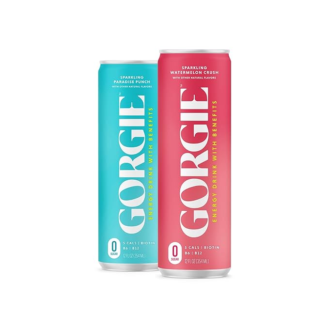 GORGIE Watermelon - Paradise Punch Bundle Sugar-Free Natural Energy Drink Sparkling Healthy Energy Drinks - Green Tea Biotin B Vitamins Vegan &amp Low Calorie (2 Packs of 12)