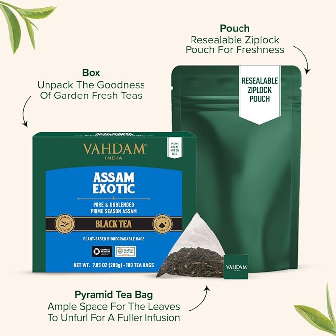 VAHDAM Assam Exotic Black Tea Bags (100 Count) High Caffeine Gluten Free Full Bodied | Pyramid Tea Bags | Strong Robust &amp Flavoury | Direct from Source