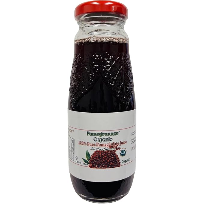 Pomegranaze Organic Pomegranate Juice 6.7 fl oz Glass Bottle 24 Pack 100 Percent Pure Juice No Sugar Added No Artificial Colors or Preservatives Gluten Free Kosher Convenient Single Serve Bottles