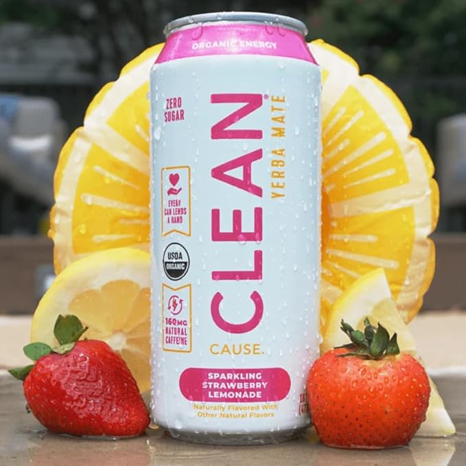NEW CLEAN Cause Zero Sugar Strawberry Lemonade Yerba Mate Tea Sparkling USDA Organic Energy Drink Alternative Zero Calorie 160mg Natural Caffeine Soda Alternative (16oz cans 12-Pack Case)