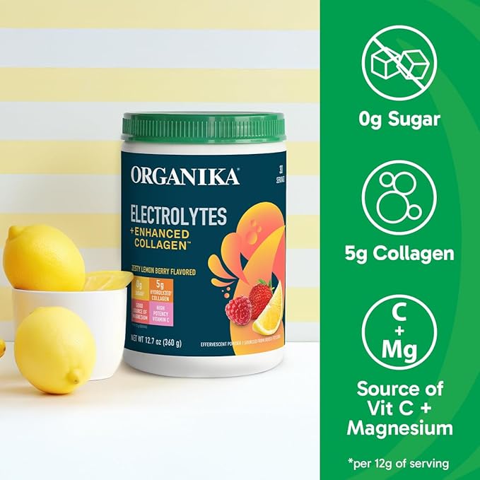 Organikа Electrolytes with Enhanced Collagen Powder for Women &amp Men - 13 oz - Zesty Lemon Berry-Flavored Effervescent Electrolyte &amp Collagen Drink Mix - Deep Hydration Mobility Skin Hair &