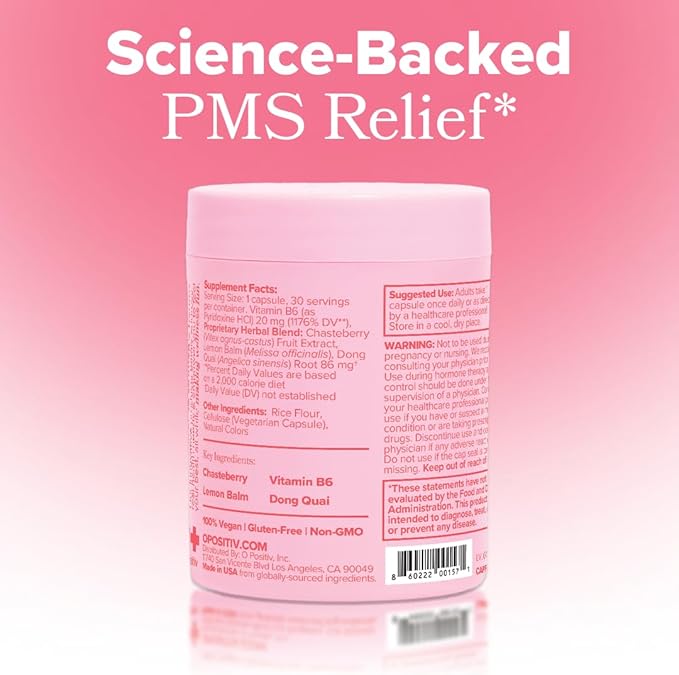 O Positiv FLO PMS Vitamins for Women 30 Servings (Pack of 2) - Proactive PMS Relief - Targets Hormonal Breakouts Bloating Cramps &amp Mood Swings with Chasteberry Vitamin B6 &amp Lemon Balm