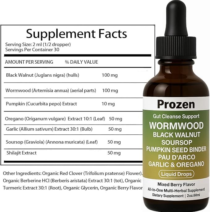Wormwood Gut Cleanse &amp Detox Drops – Nuvian Black WalnutClove Soursop Pumpkin Seed PAU D’Arco Garlic &amp Oregano – Mixed Berry Digestive Support Energy &amp Nutrient Absorption 2 fl oz