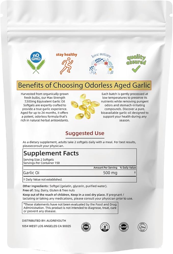 Odorless Garlic 300 Softgels | 2 Years Aged Garlic Extract | Grown Allium Sativum Bulb | Natural Herbal Supplements | Non-GMO Gluten Free
