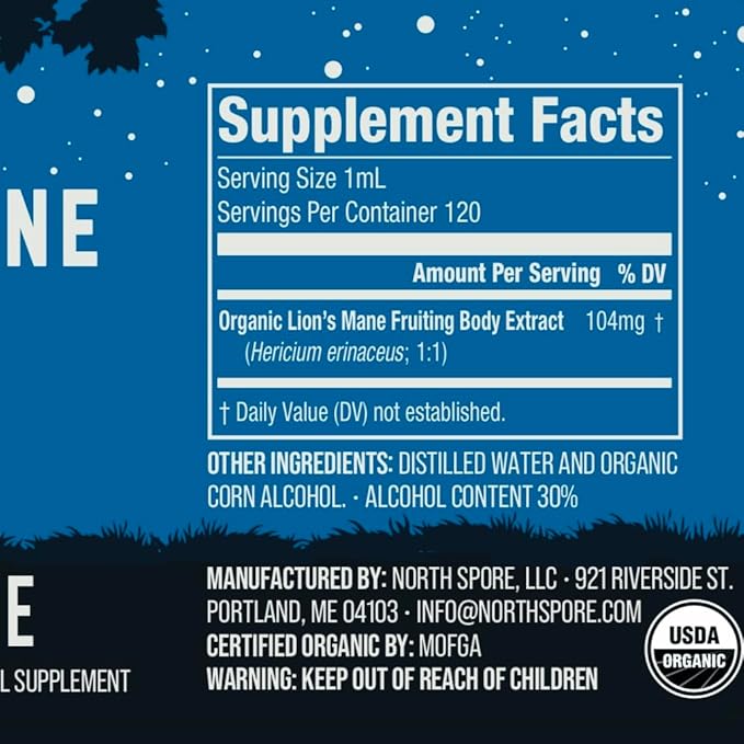 North Spore Organic Lion's Mane Mushroom Tincture (4 oz) | 100% Fruiting Body Extracts | for Focus Memory Brain Support | Certified Organic Vegan Non-GMO | Adaptogenic Nootropic | Made in USA