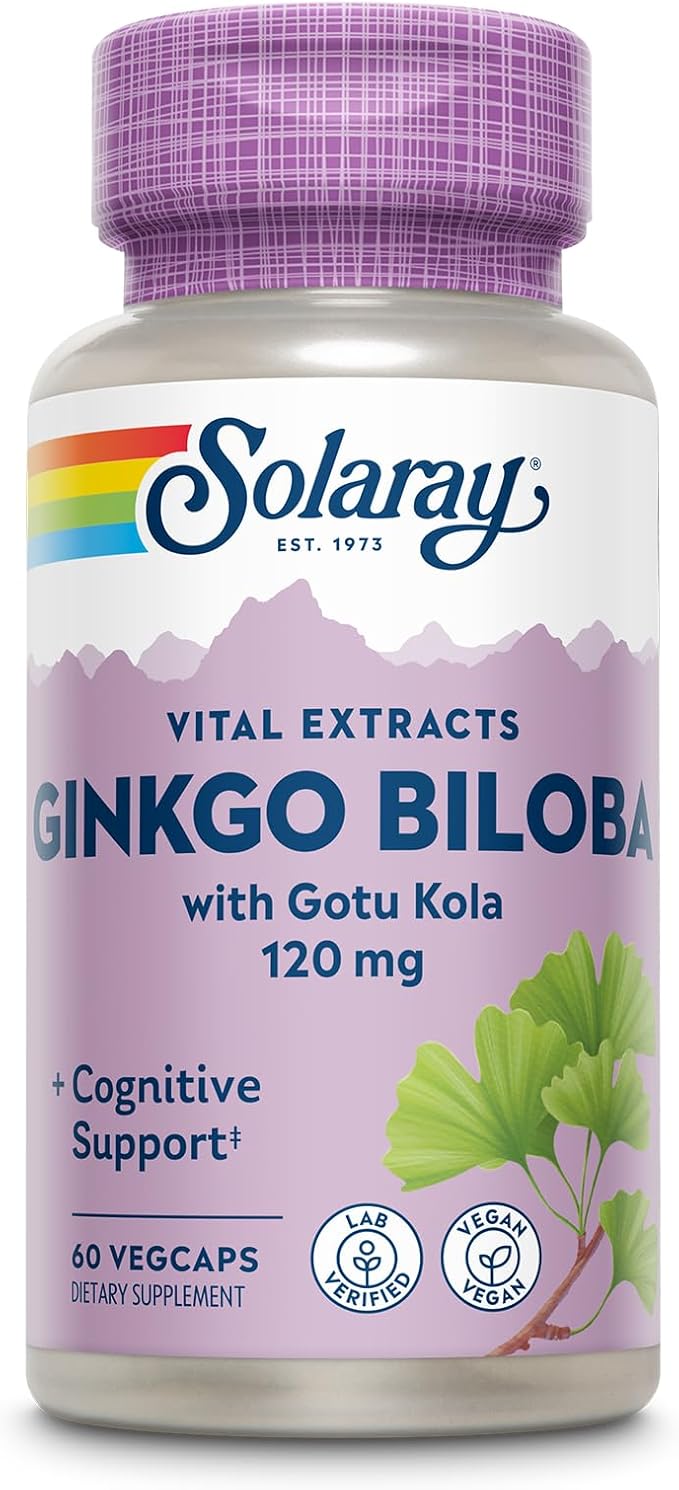 SOLARAY Ginkgo Biloba Extract with Gotu Kola - Ginko Biloba Capsules for Brain Health Support - Vegan Lab Verified 60-Day Guarantee - 60 Servings 60 VegCaps (60 VegCaps)