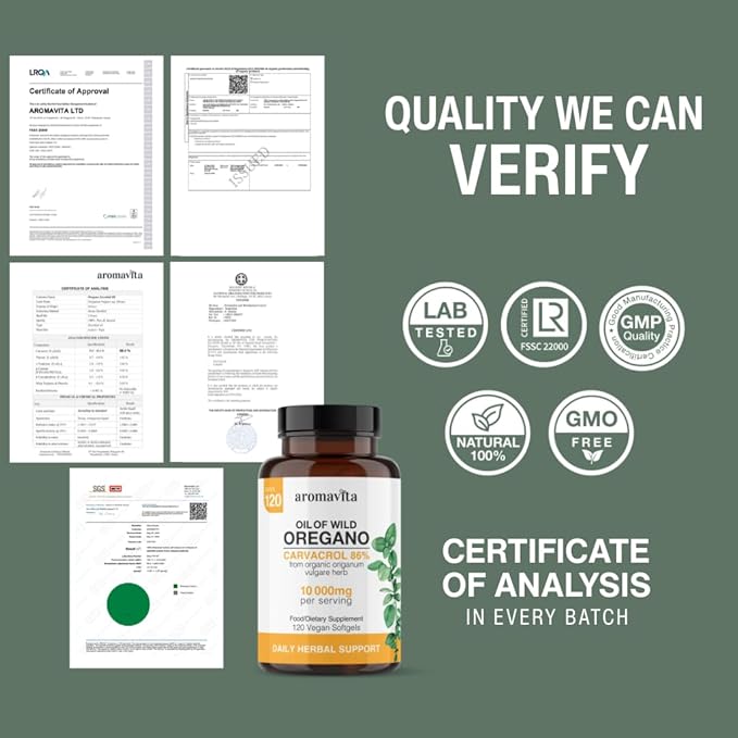 Vegan Wild Oregano Oil Capsules Organic 86-90% Carvacrol - 10000 mg Oil of Oregano per Softgel - Immune and Digestive Support Natural Antioxidant Vegan Non GMO 120 Capsules