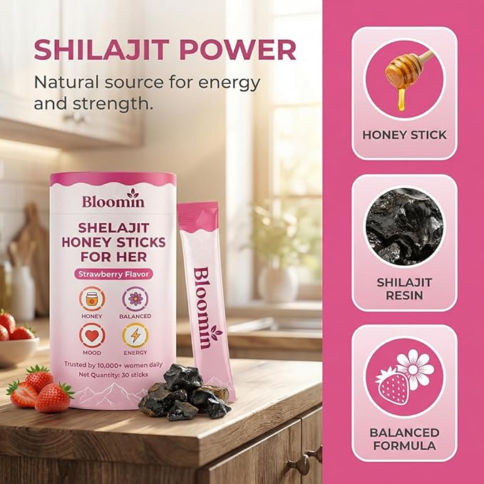 Bloomin Honey Sticks with Shilajit Shatavari &amp Saffron Strawberry Honey Supplement for Women Hormonal Balance Focus &amp Stamina Non-GMO 30 Sticks (Strawberry)