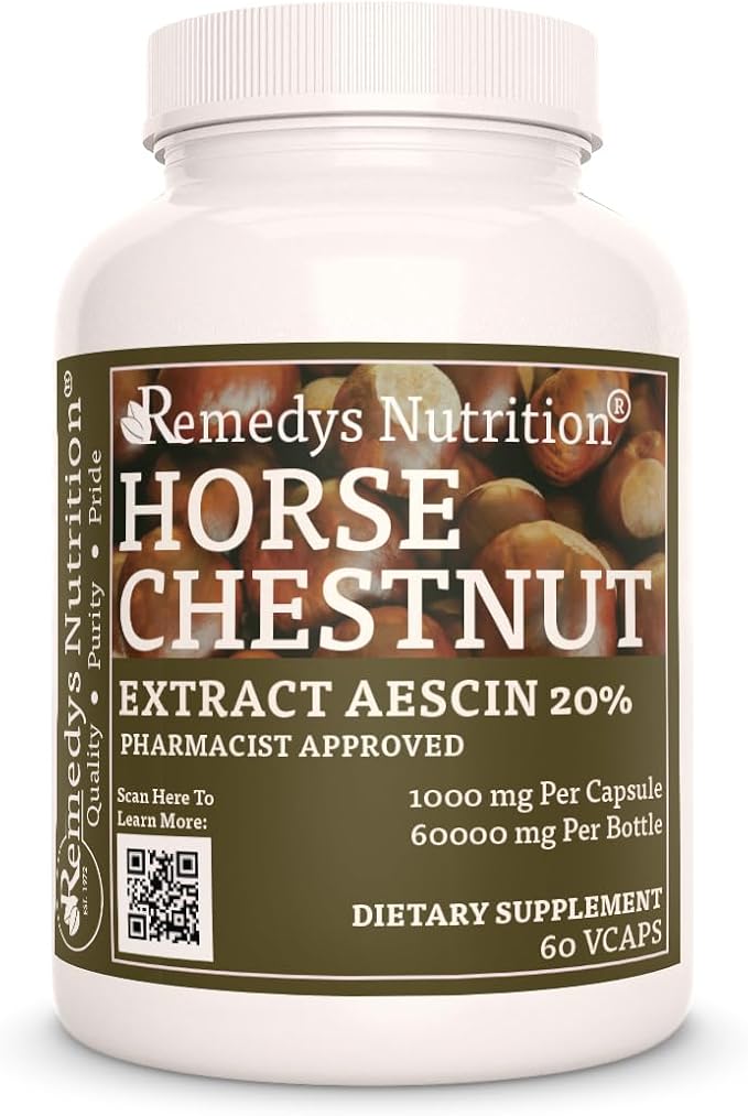 Remedy's nutrition Horse Chestnut Extract Aescin 20% - 1000mg 60 Vegan Capsules Herbal Dietary Supplement - 2 Month Supply