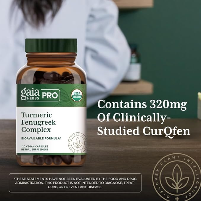 GAIA HERBS PRO Turmeric Fenugreek Complex - Daily Dietary Supplements for Active Lifestyle Support* - Herbal Nutrient Complex with Fenugreek Extract &amp Organic Turmeric - Vegan - 120 Capsules