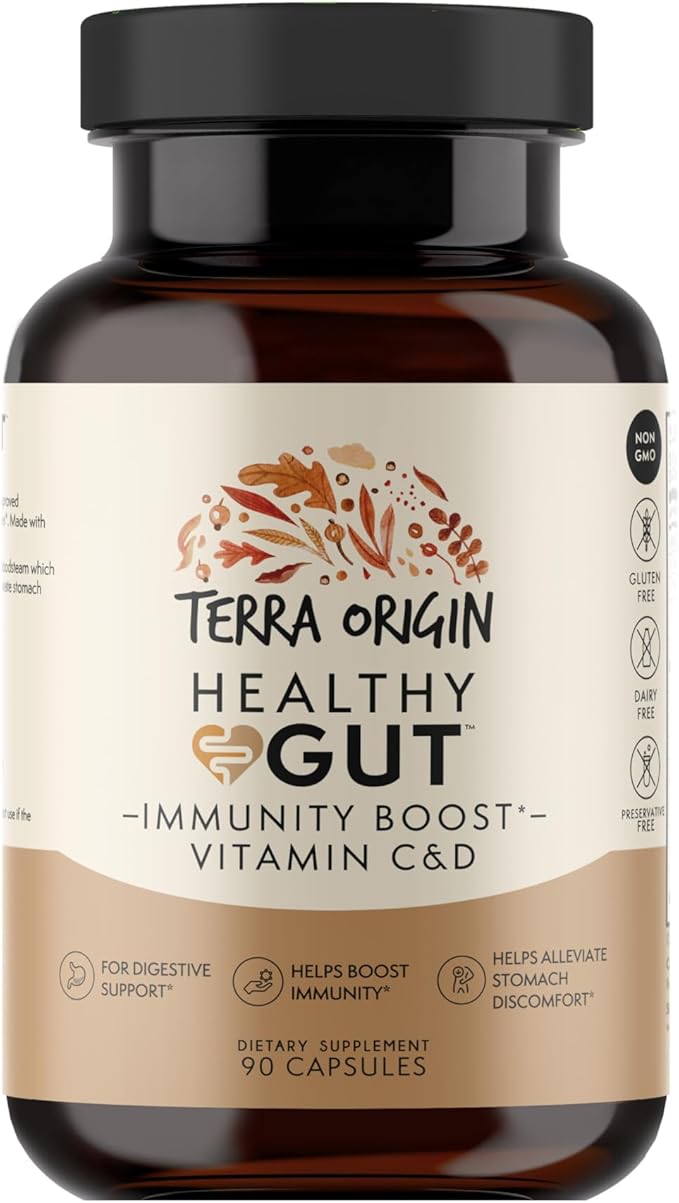 TERRA ORIGIN Healthy Gut Capsules with Immunity Boost | 90 Capsules | Non GMO Gluten Free Dairy Free | Digestive Support for Men and Women