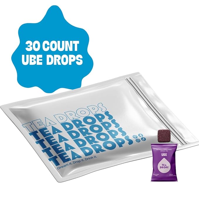 Tea Drops 30 Bulk Pack Organic Ube Bagless Tea - Loose Leaf Lightly Sweetened On-The-Go. Plastic-Free - Iced or Hot