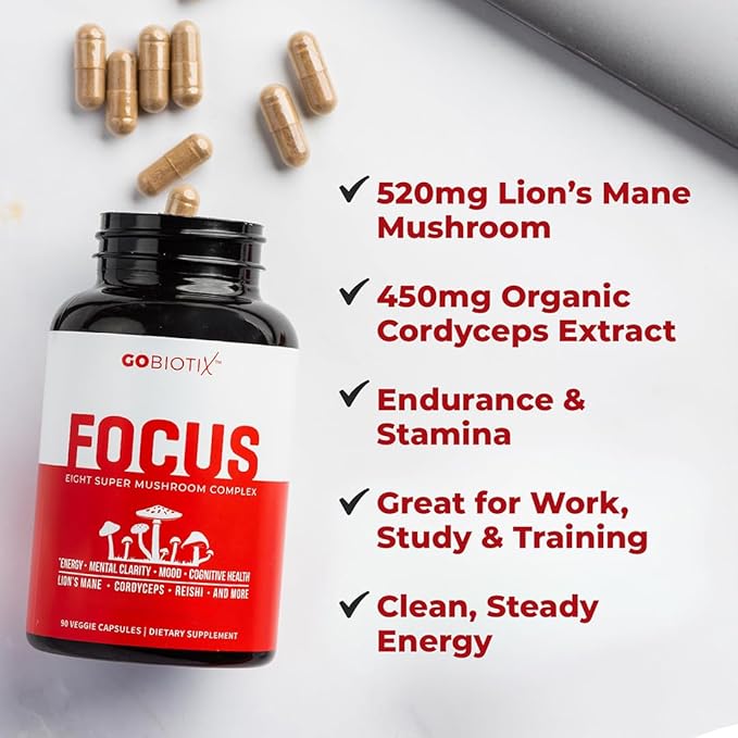 GOBIOTIX Focus Lion's Mane Supplement - Mushroom Complex - Nootropics Adaptogen Vitamins - Memory Clarity Energy Immune Support Cordyceps Reishi Chaga and Maitake - 90 Capsules