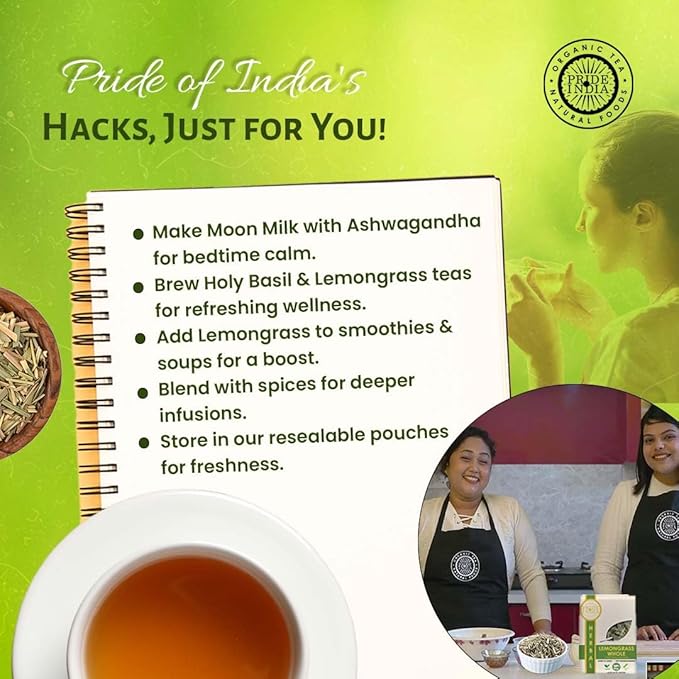 Pride of India | Herbal Wellness Pack 15.06 oz (427 gm) | Includes Lemongrass Leaf Tea Ashwagandha Root Whole &amp Tulsi/Holy Basil Leaf Tea | Perfect for Smoothies Soups | Boosts Activity &amp We