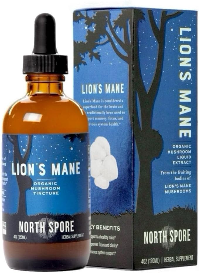 North Spore Organic Lion's Mane Mushroom Tincture (4 oz) | 100% Fruiting Body Extracts | for Focus Memory Brain Support | Certified Organic Vegan Non-GMO | Adaptogenic Nootropic | Made in USA